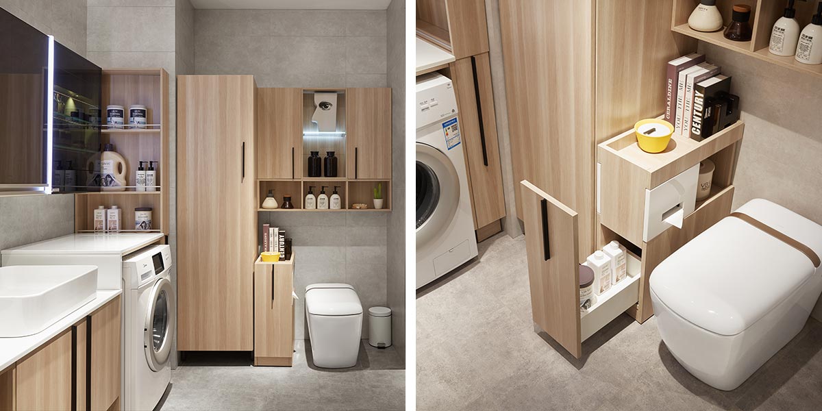 Tủ phòng tắm với tông màu gỗ sáng