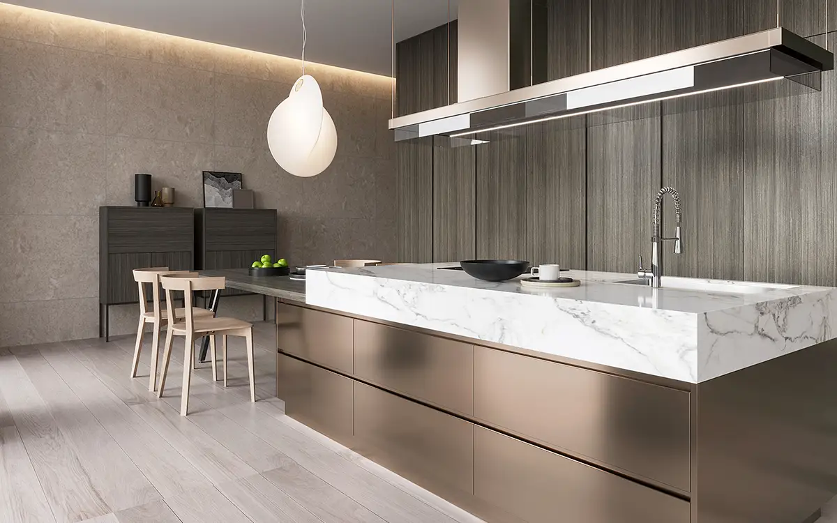 Metallic Copper và Tủ bếp màu xám 