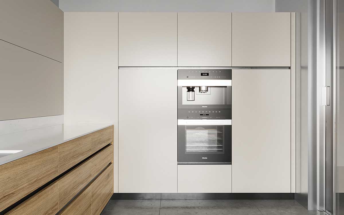 tủ cao màu be với các thiết bị âm tường
