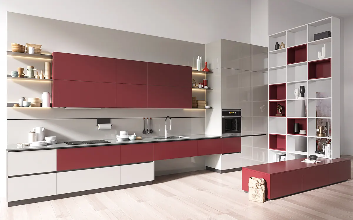 Thiết kế nhà bếp màu xám và đỏ với tủ phân vùng
