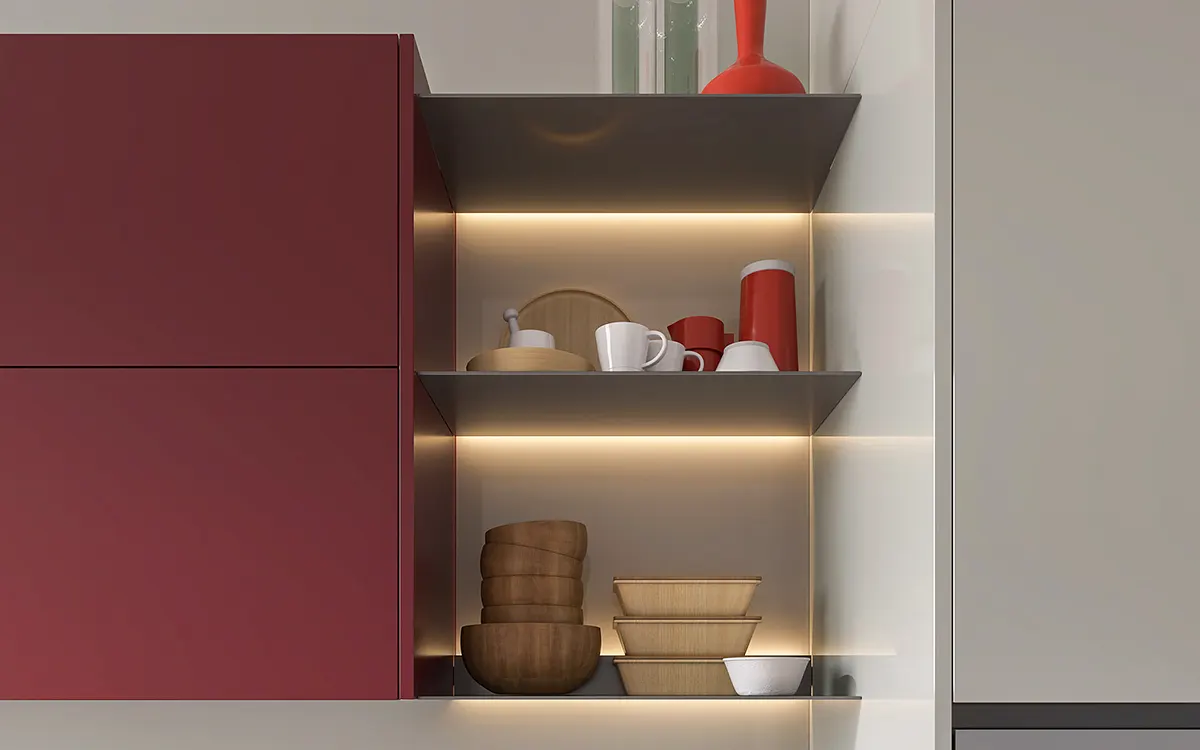 Thiết kế nhà bếp màu xám và đỏ với Tủ phân vùng