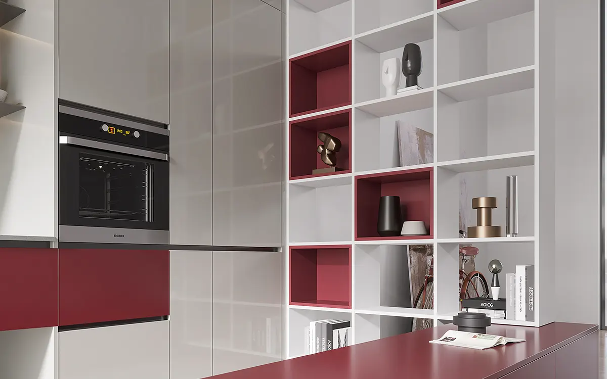 Thiết kế nhà bếp màu xám và đỏ với tủ phân vùng