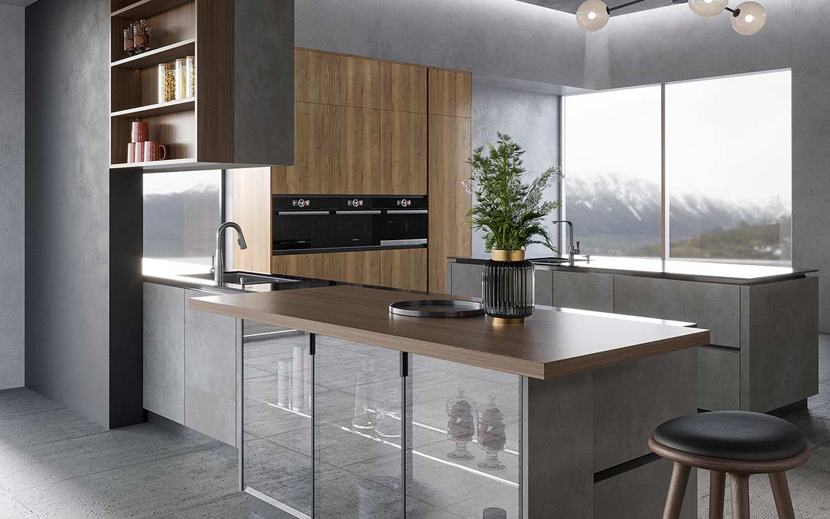 Thiết kế nhà bếp công nghiệp với cửa hiệu ứng đá xám