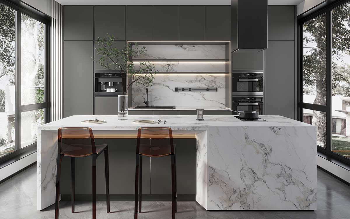 Tủ bếp màu xám than có đảo trắng