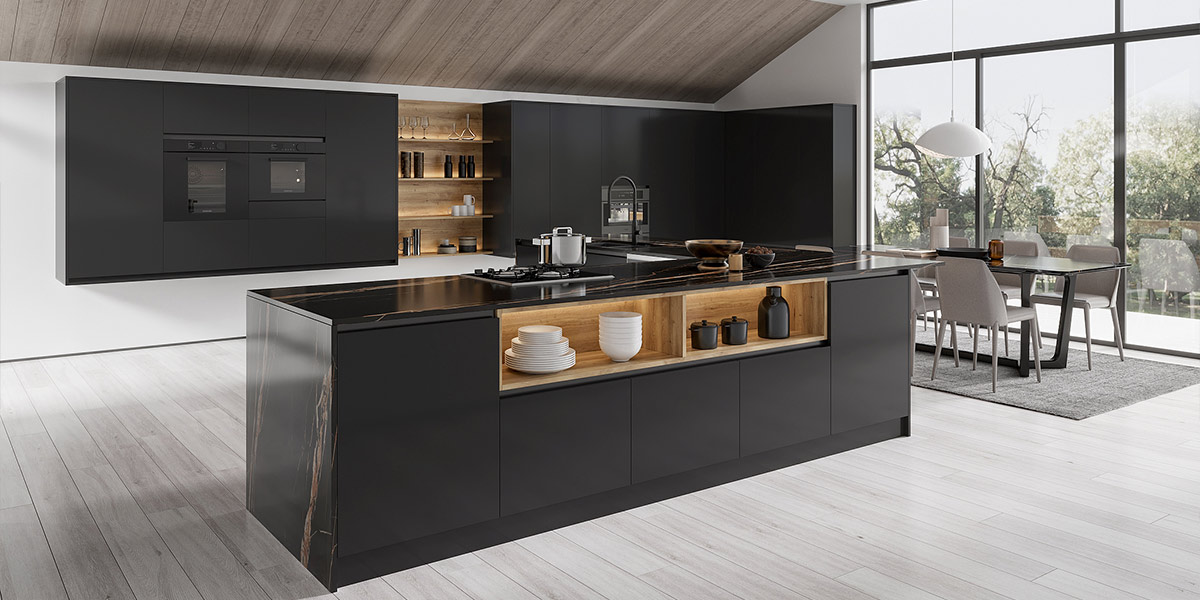 Tủ bếp màu đen mờ hiện đại OBK22-Dark