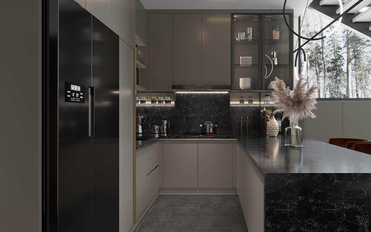 Dovetail Grey Cabinets Peninsula Kitchen Dovetail Tủ màu xám Nhà bếp bán đảo