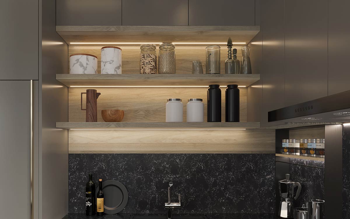 Nhà bếp bán đảo tủ màu xám Dovetail Nhà bếp bán đảo tủ màu xám Dovetail