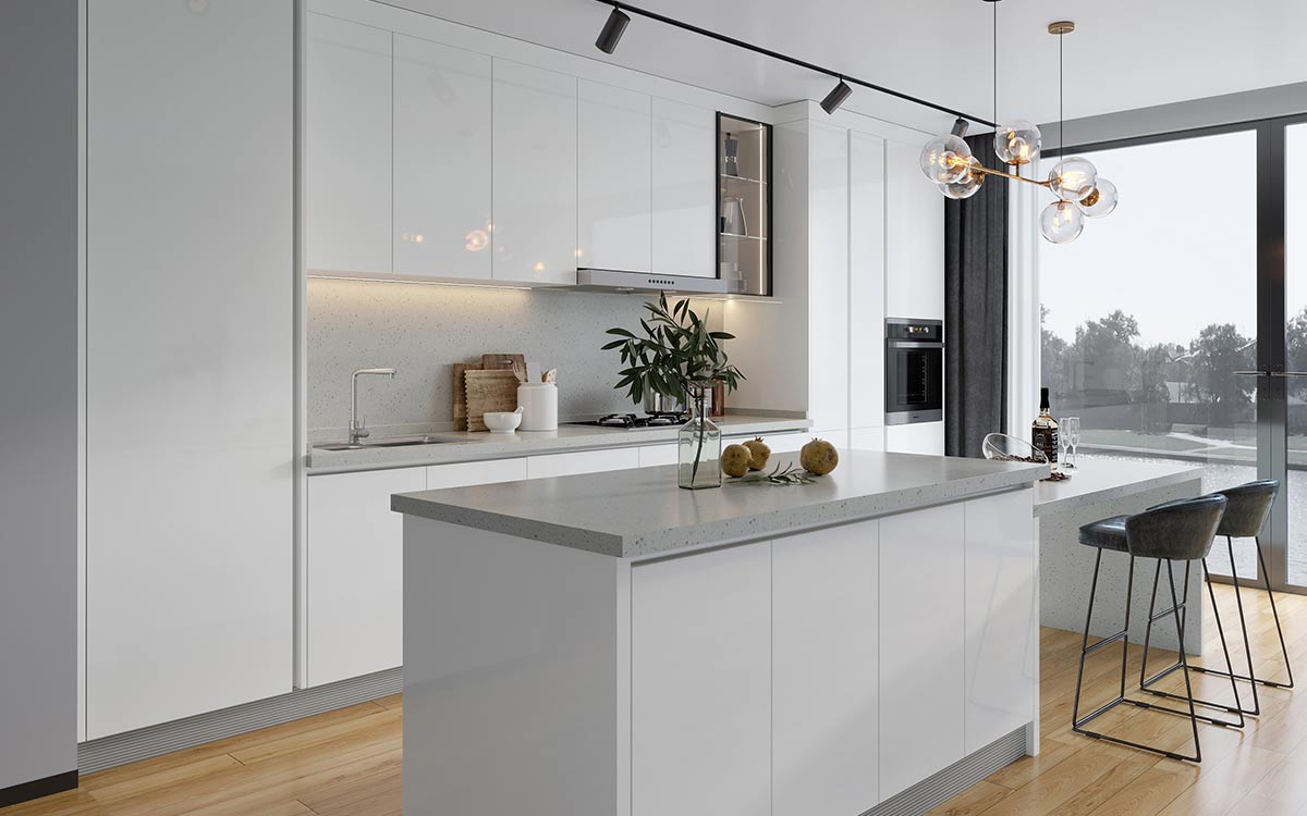 Tủ bếp màu trắng sáng bóng tối giản có đảo Tủ bếp màu trắng sáng bóng tối giản có đảo