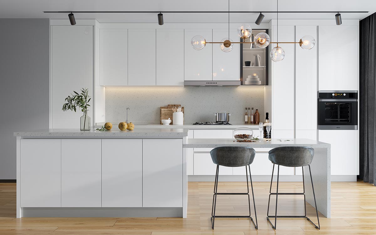 Tủ bếp màu trắng sáng bóng tối giản có đảo Minimalist Tủ bếp màu trắng sáng bóng có đảo