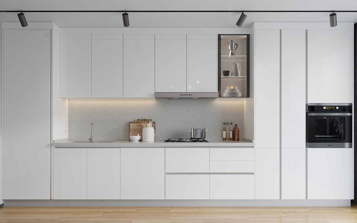 Tủ bếp màu trắng sáng bóng tối giản có đảo Tủ bếp màu trắng sáng bóng tối giản có đảo