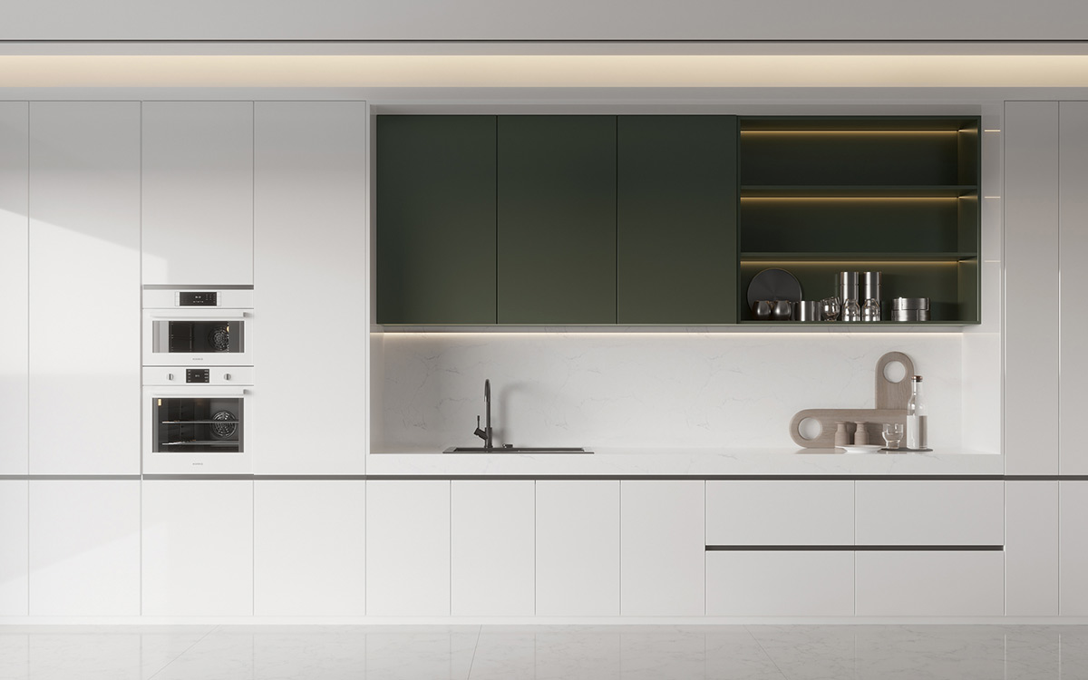 Tủ bếp mặt trước phẳng màu xanh và trắng Bếp mặt trước phẳng màu xanh và trắng Cabinets