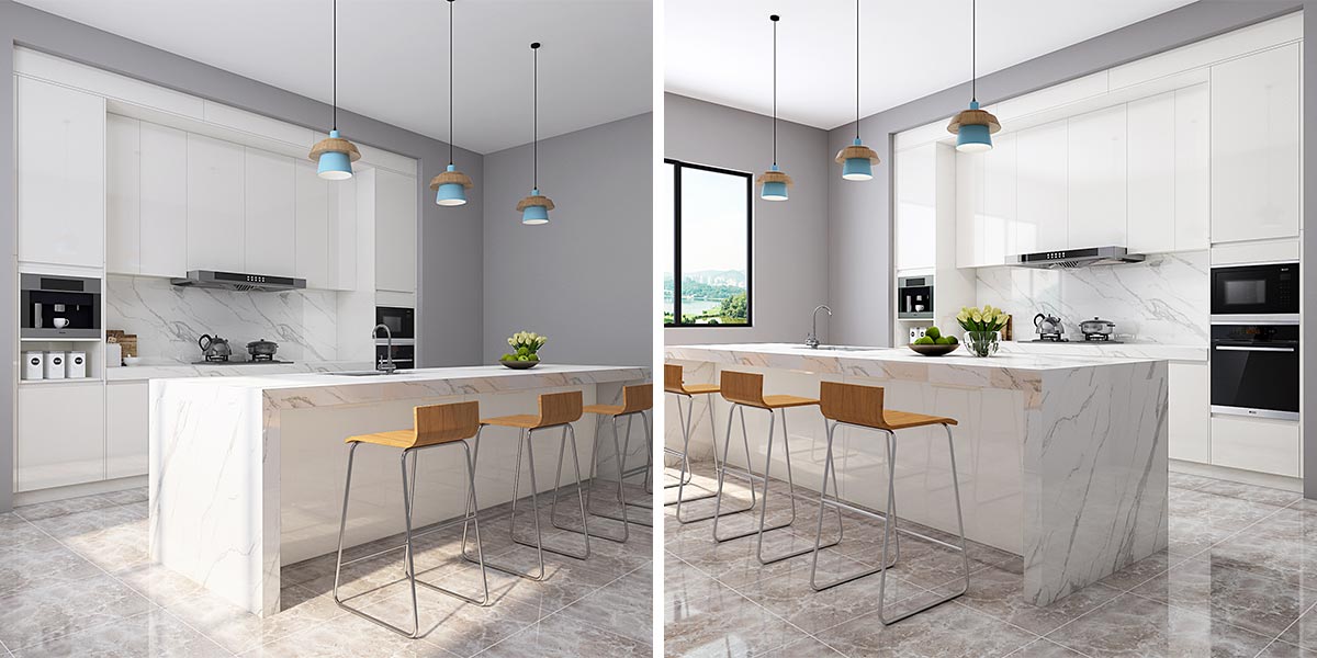 Đảo bếp thác nước màu trắng hiện đại với mặt bàn thạch anh