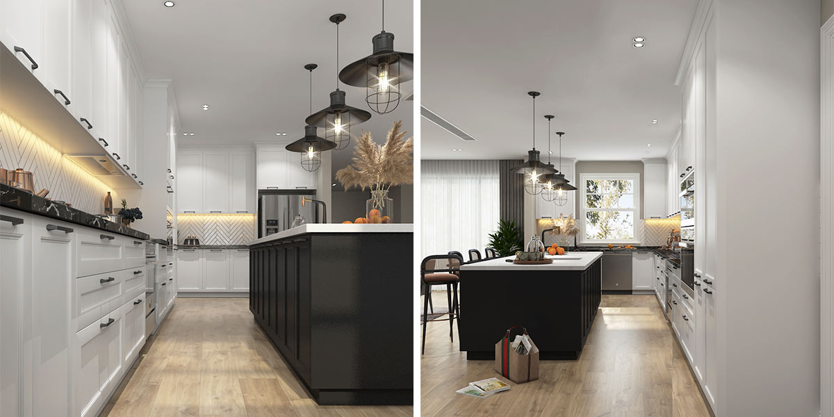 White Shaker Tủ bếp đảo đen Tủ bếp Shaker trắng đảo đen