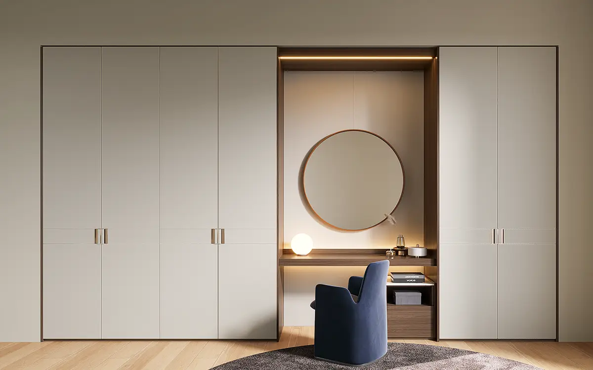 Tủ quần áo màu xám nhạt bằng da PVC có họa tiết Finish Tủ quần áo màu xám nhạt với lớp hoàn thiện bằng da có kết cấu PVC