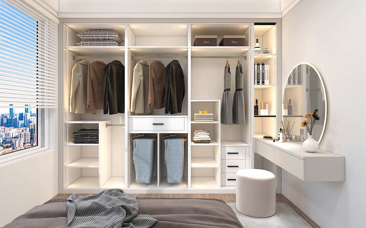 Tủ quần áo màu trắng có bàn trang điểm