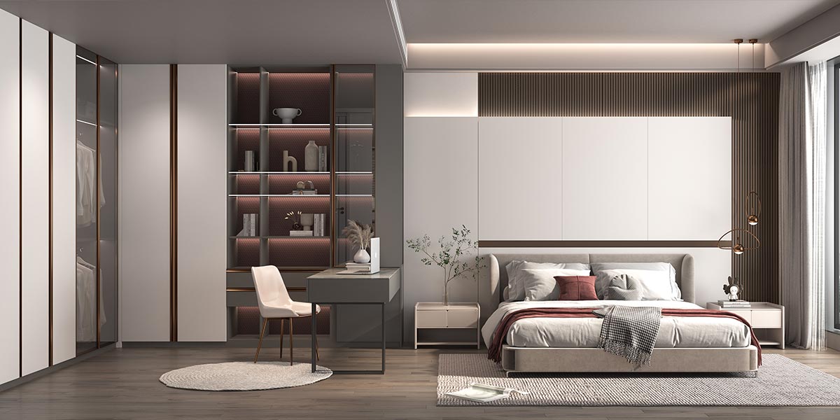 tủ quần áo hình chữ l có bàn làm việc