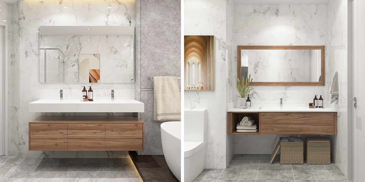 Bàn trang điểm treo tường hiện đại có bồn rửa đôi Bàn trang điểm treo tường hiện đại có bồn rửa đôi