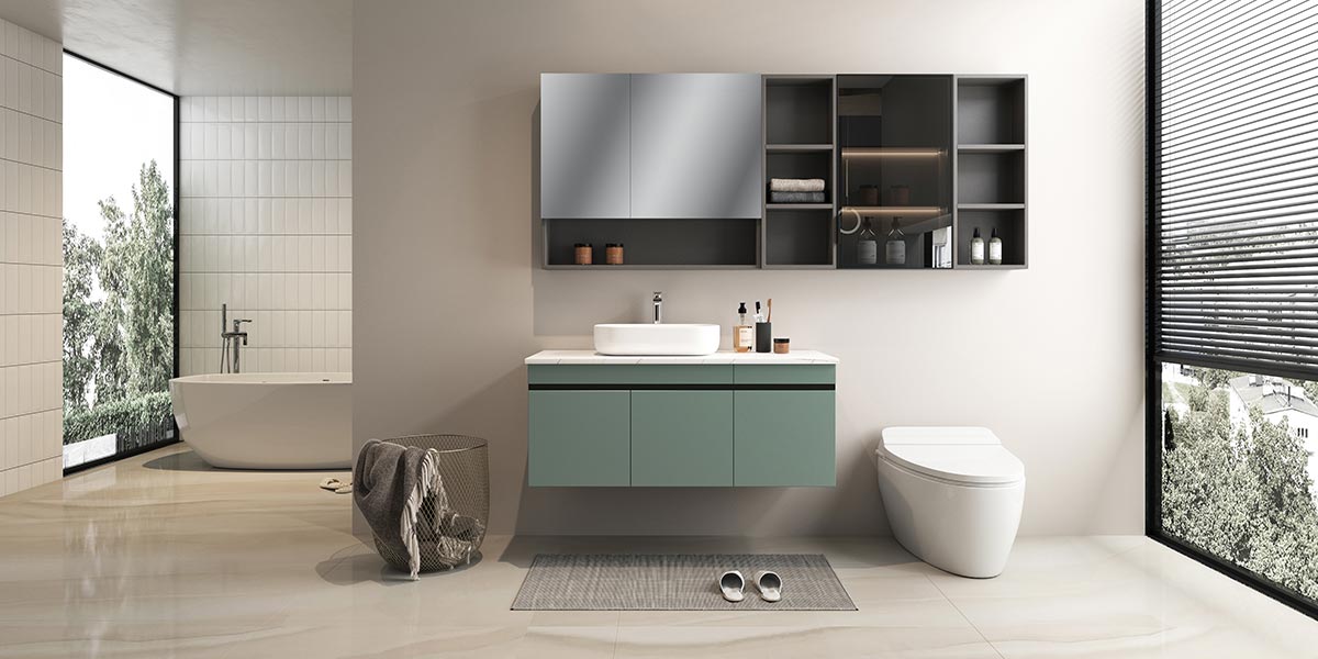 Bàn trang điểm nổi màu xanh bạc hà với bồn rửa chén