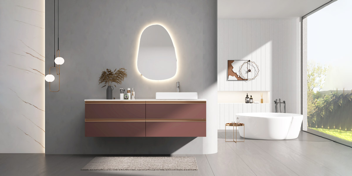 Bàn trang điểm phòng bột màu đỏ có tay cầm tích hợp Phòng bột màu đỏ Bàn trang điểm có tay cầm tích hợp